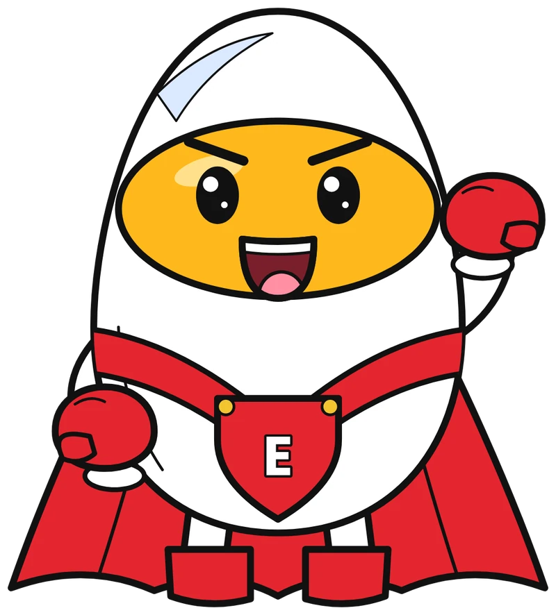Egg-Man with his fist in the air, wearing his red superhero cape
